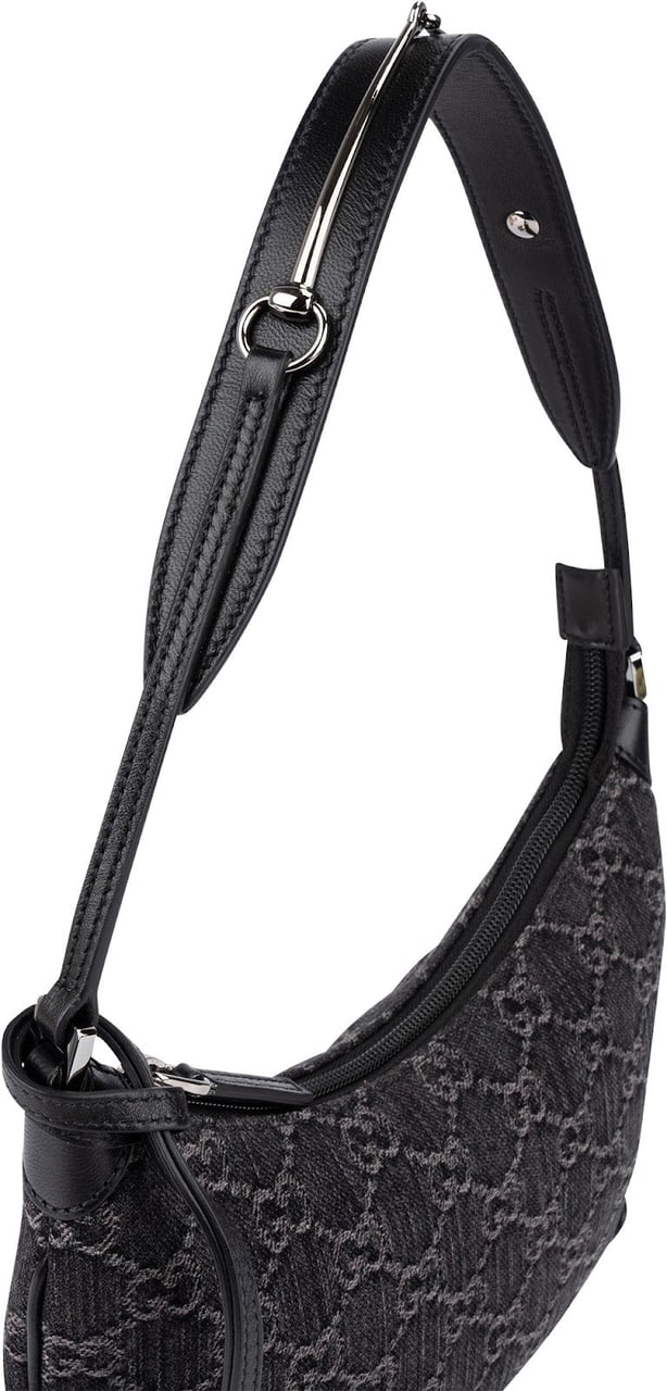 Gucci Monogram GG Denim Horsebit Hobo Shoulder Bag Zwart