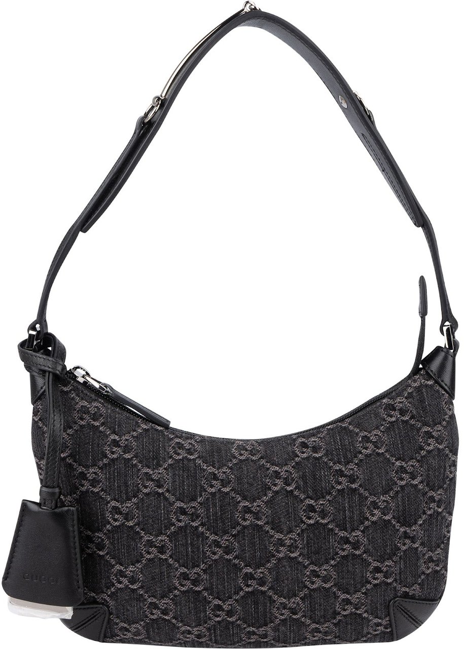Gucci Monogram GG Denim Horsebit Hobo Shoulder Bag Zwart