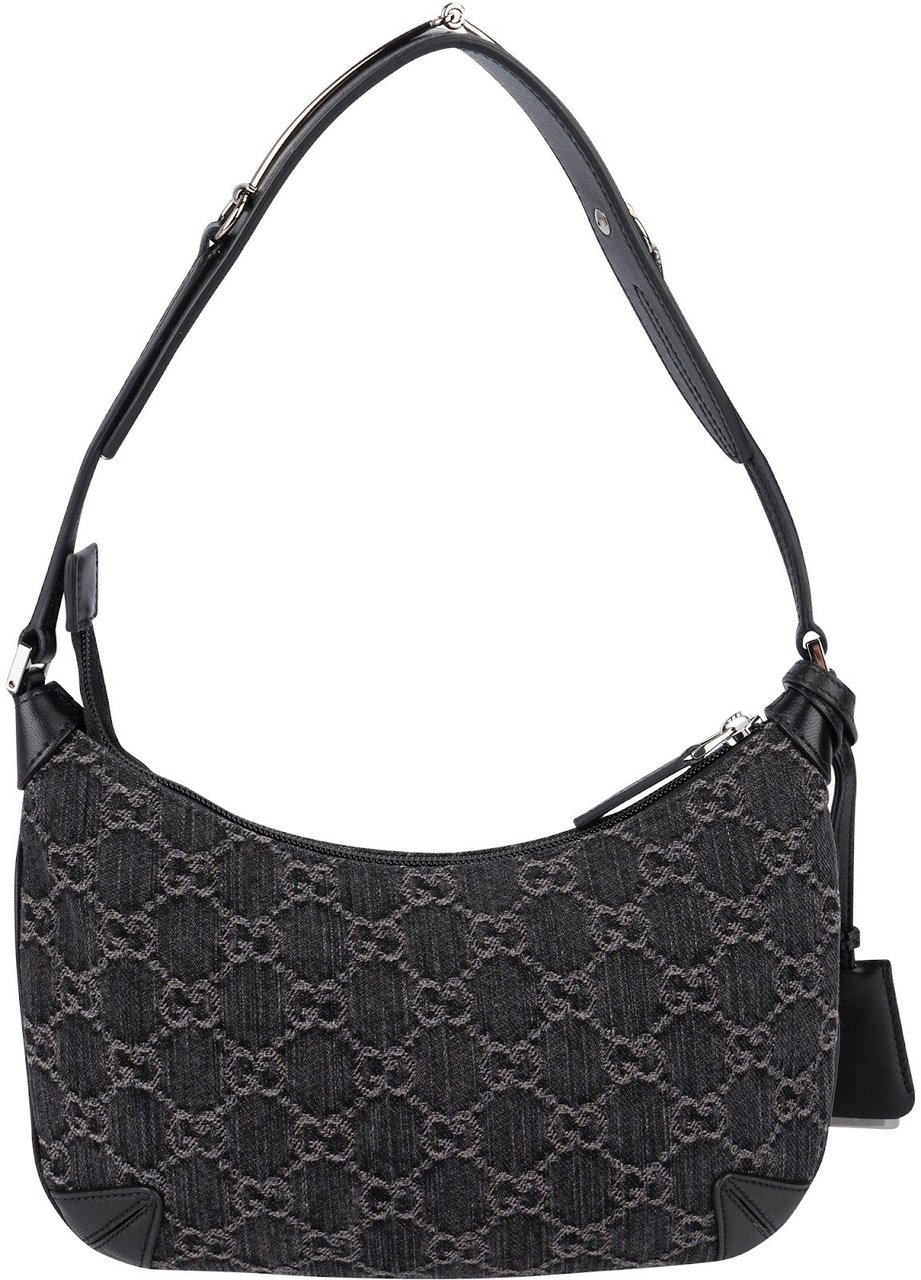 Gucci Monogram GG Denim Horsebit Hobo Shoulder Bag Zwart