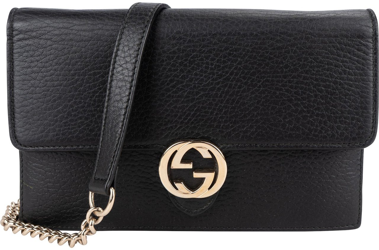 Gucci Leather Interlocking GG Wallet On Chain Crossbody Bag Zwart