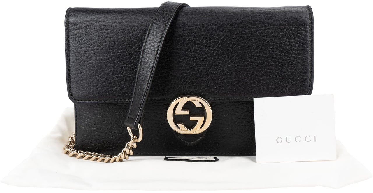 Gucci Leather Interlocking GG Wallet On Chain Crossbody Bag Zwart