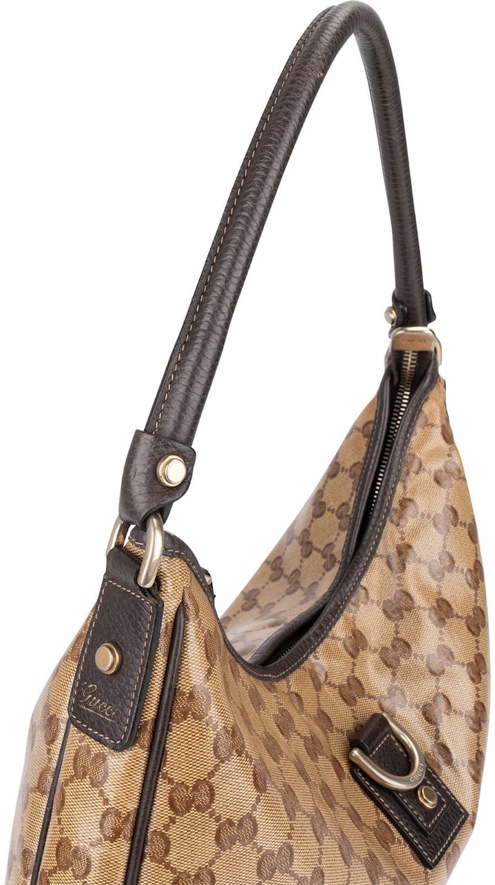 Gucci Monogram Crystal GG Abbey D-Ring Hobo Shoulder Bag Beige