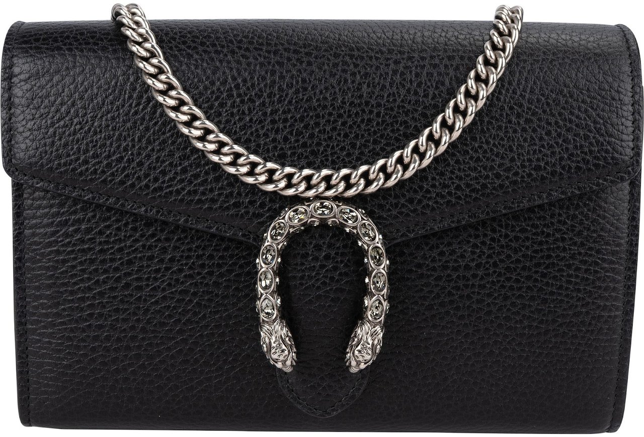 Gucci Grained Leather Dionysus Crystal Super Mini Crossbody Bag Zwart