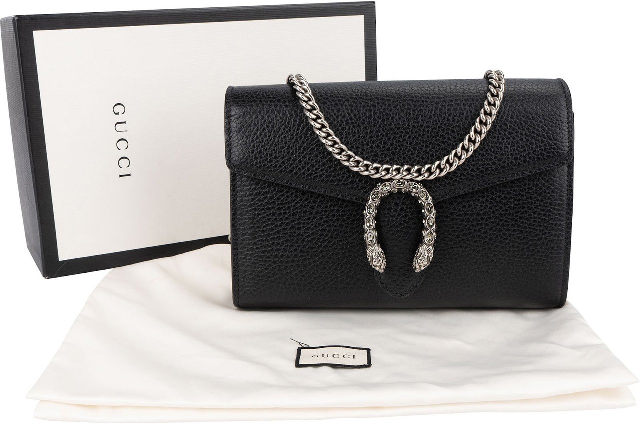 Gucci Grained Leather Dionysus Crystal Super Mini Crossbody Bag Zwart