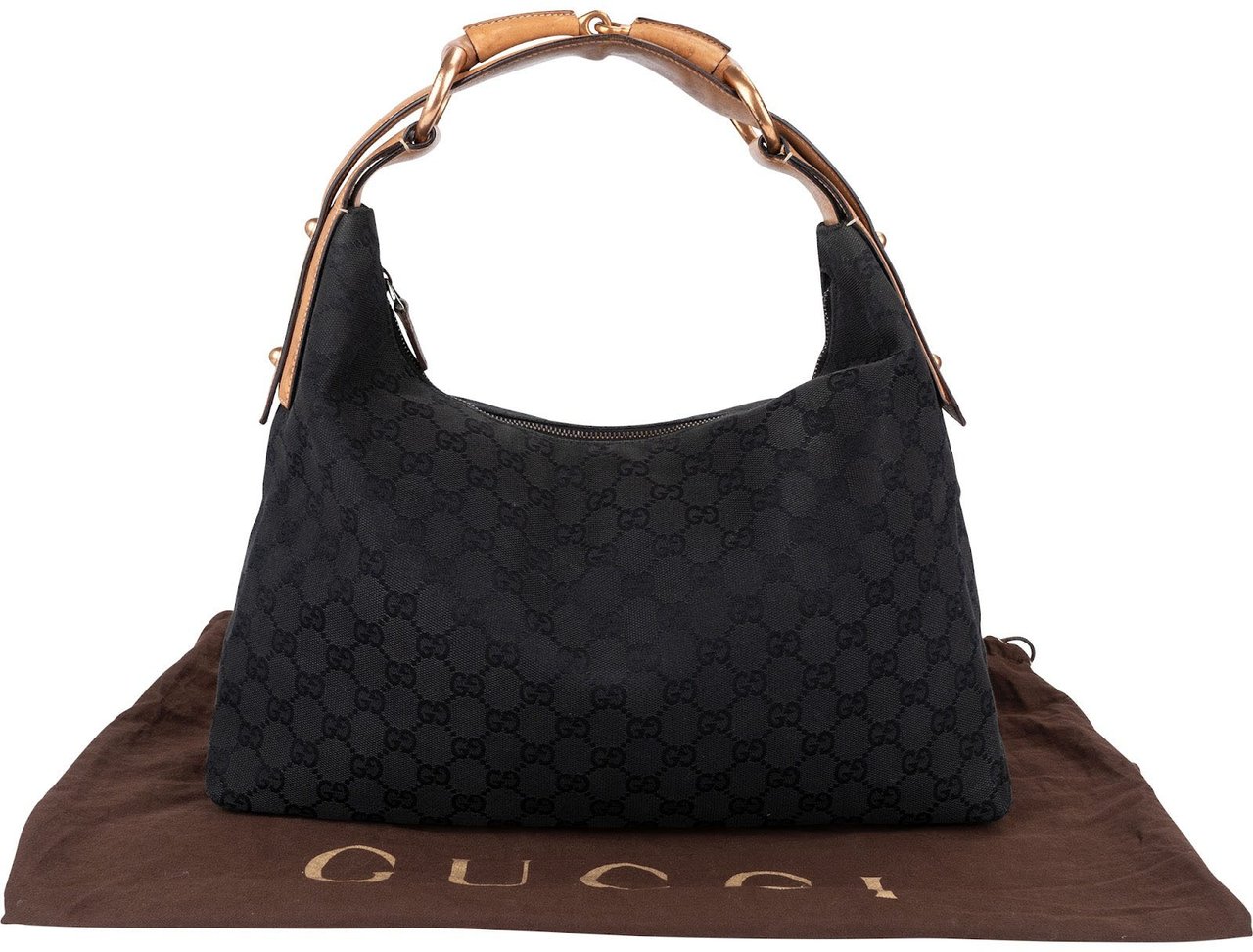 Gucci Monogram GG Canvas Horsebit Hobo Shoulder Bag Zwart