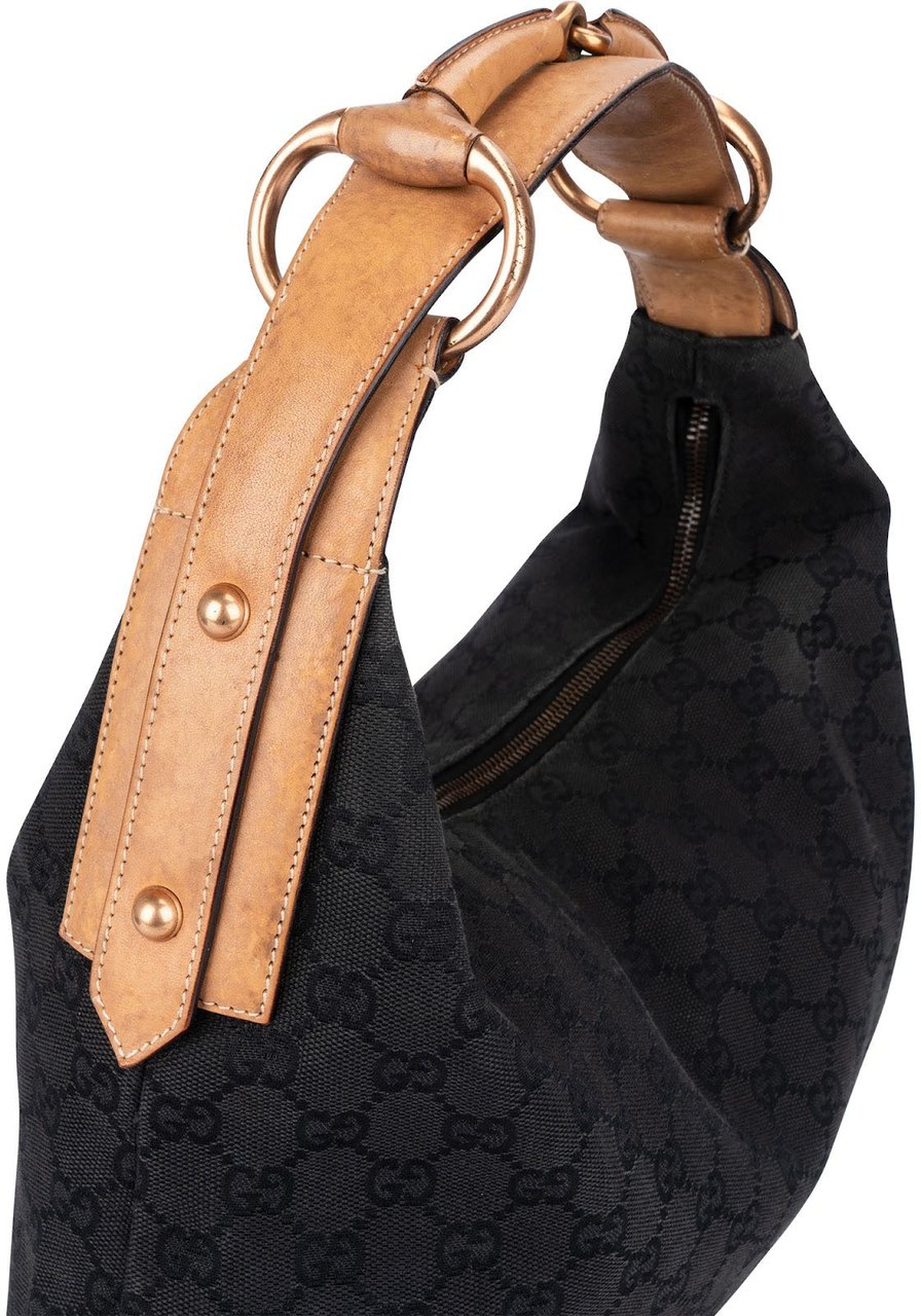 Gucci Monogram GG Canvas Horsebit Hobo Shoulder Bag Zwart