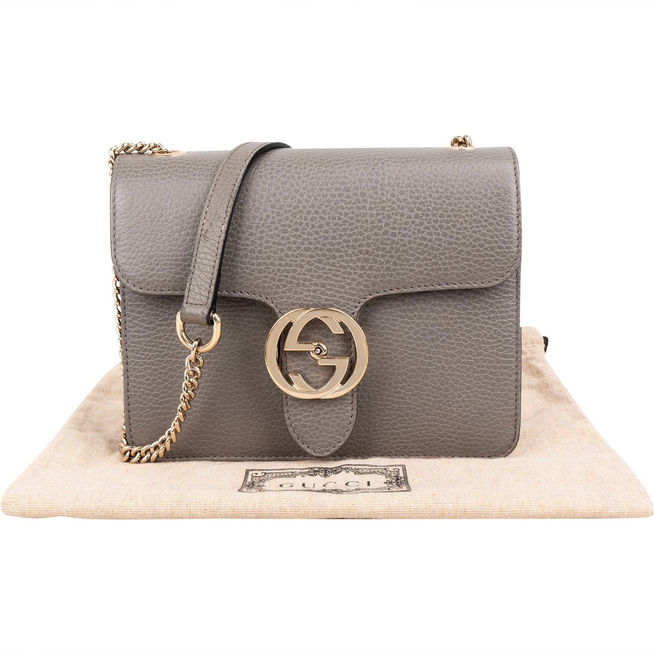 Gucci Pebbled Leather Small Interlocking GG Crossbody Bag Donkergrijs