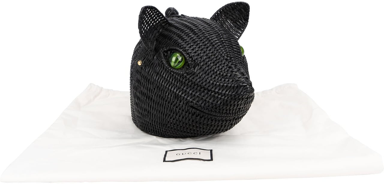 Gucci Limited Fashion Show Wicker Cat Bag Clutch Zwart