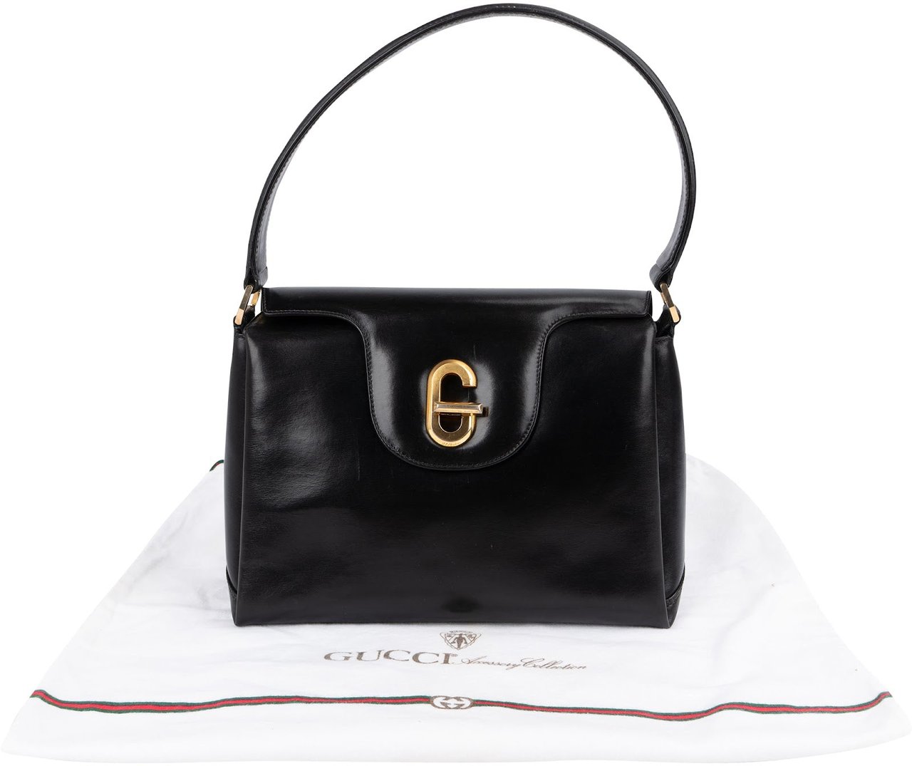 Gucci Black Leather Vintage G Turnlock Flap Handbag Zwart