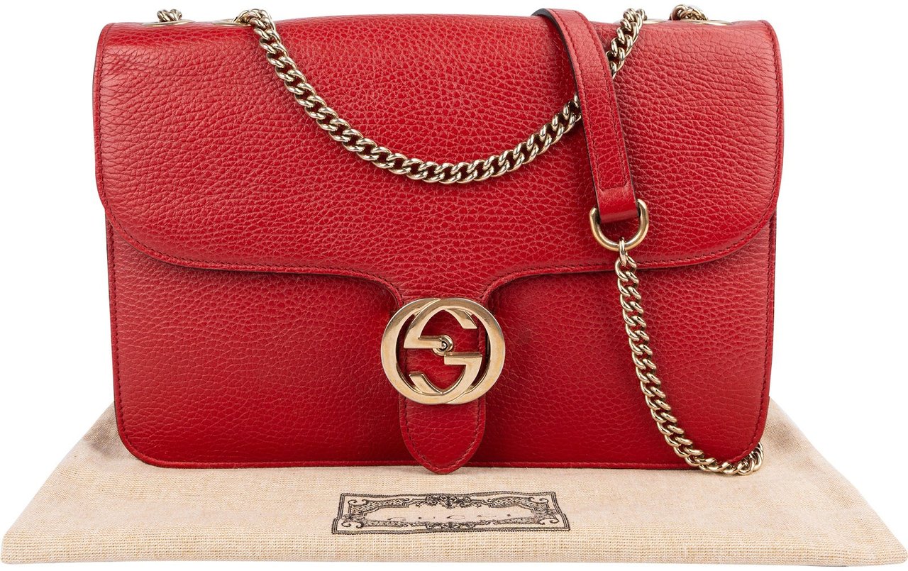 Gucci Pebbled Calfskin Interlocking GG Shoulder Crossbody Bag Rood