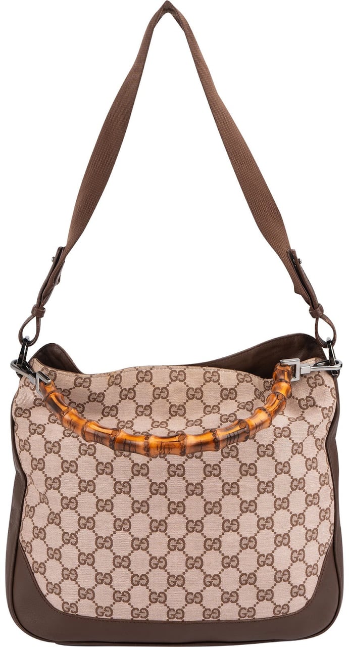 Gucci Monogram GG Canvas Bamboo Hobo Shoulder Bag Beige
