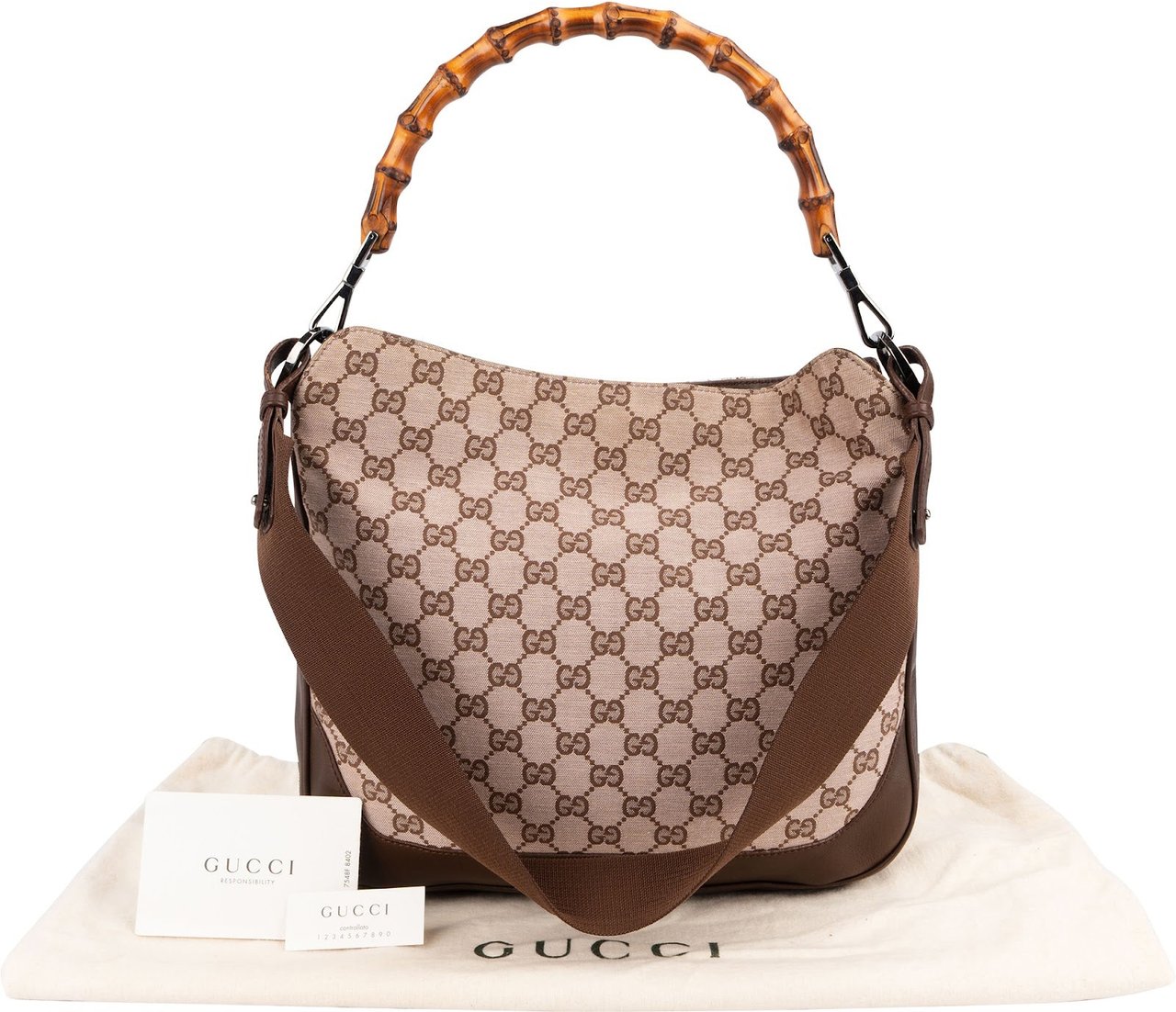 Gucci Monogram GG Canvas Bamboo Hobo Shoulder Bag Beige