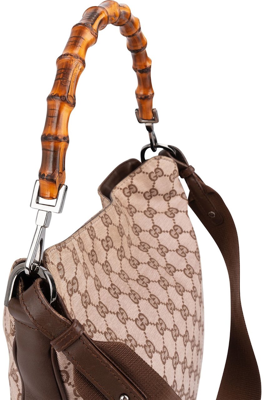 Gucci Monogram GG Canvas Bamboo Hobo Shoulder Bag Beige