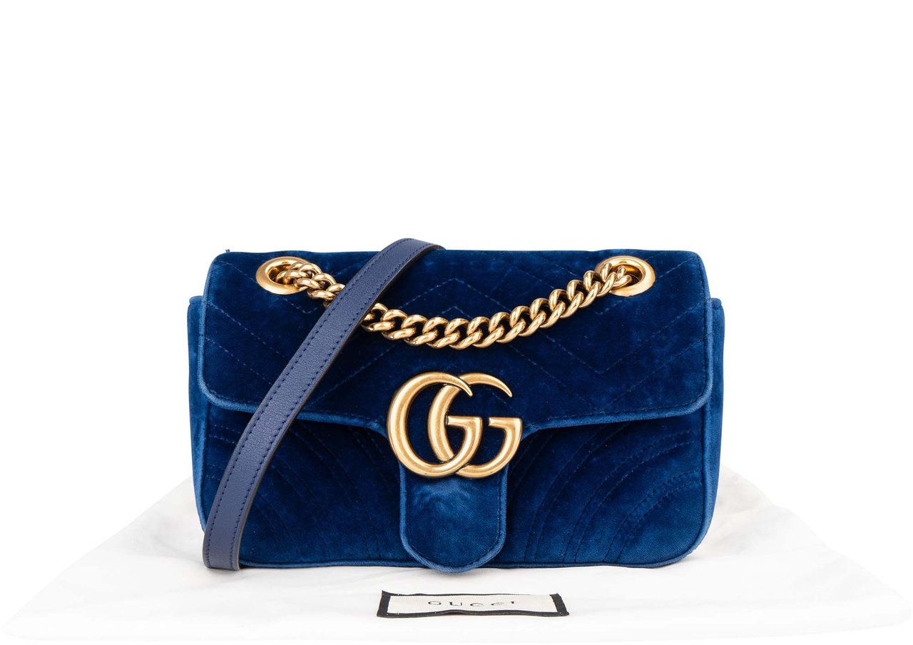 Gucci Gucci Blue Satin GG Marmont Crossbody Bag Blauw