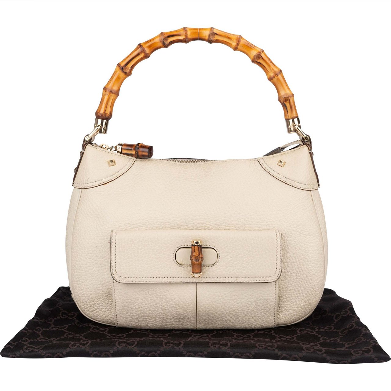 Gucci Gucci White Leather GG Monogram Bamboo Handbag Divers