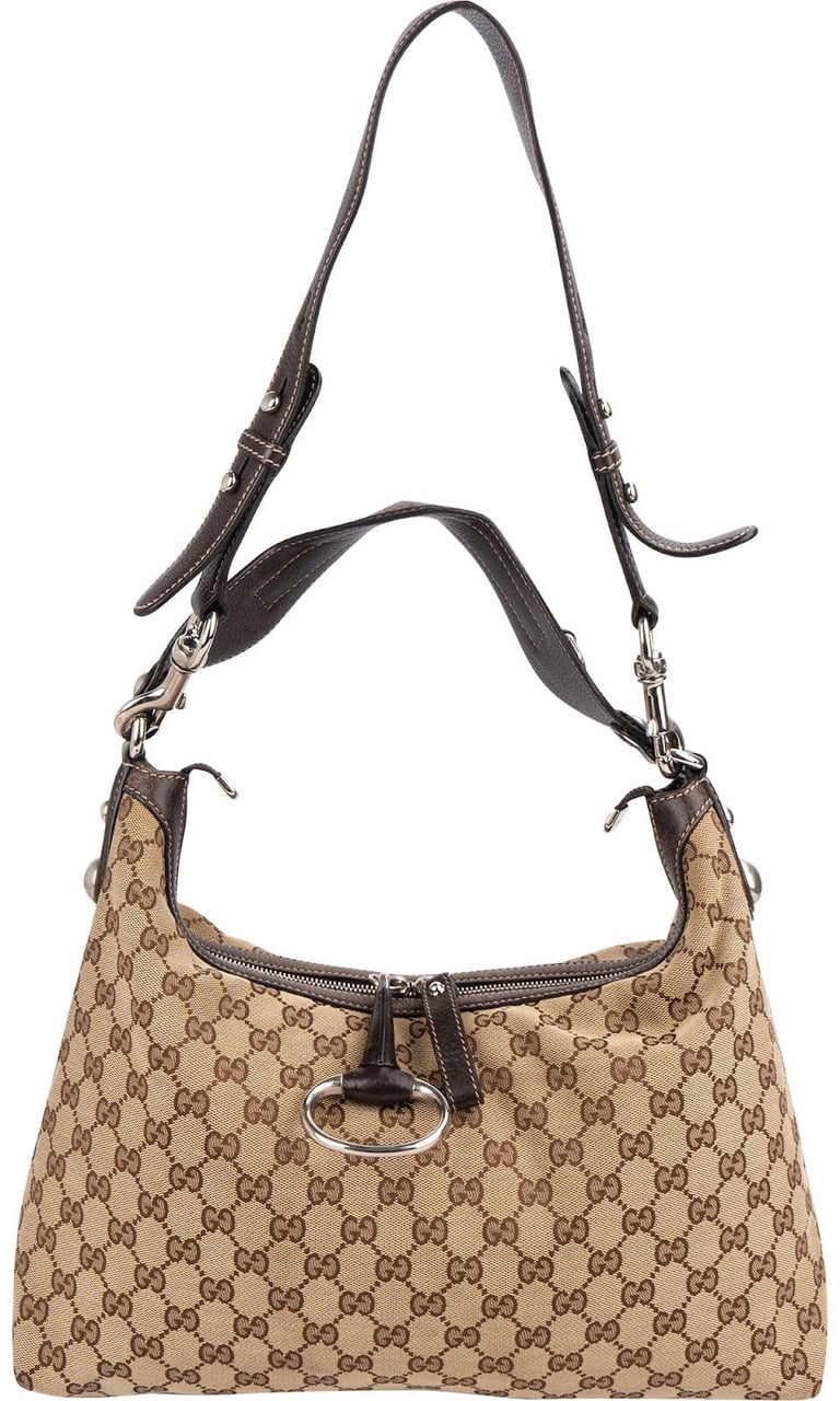 Gucci Monogram GG Canvas Abbey Horsebit Shoulder Bag Beige