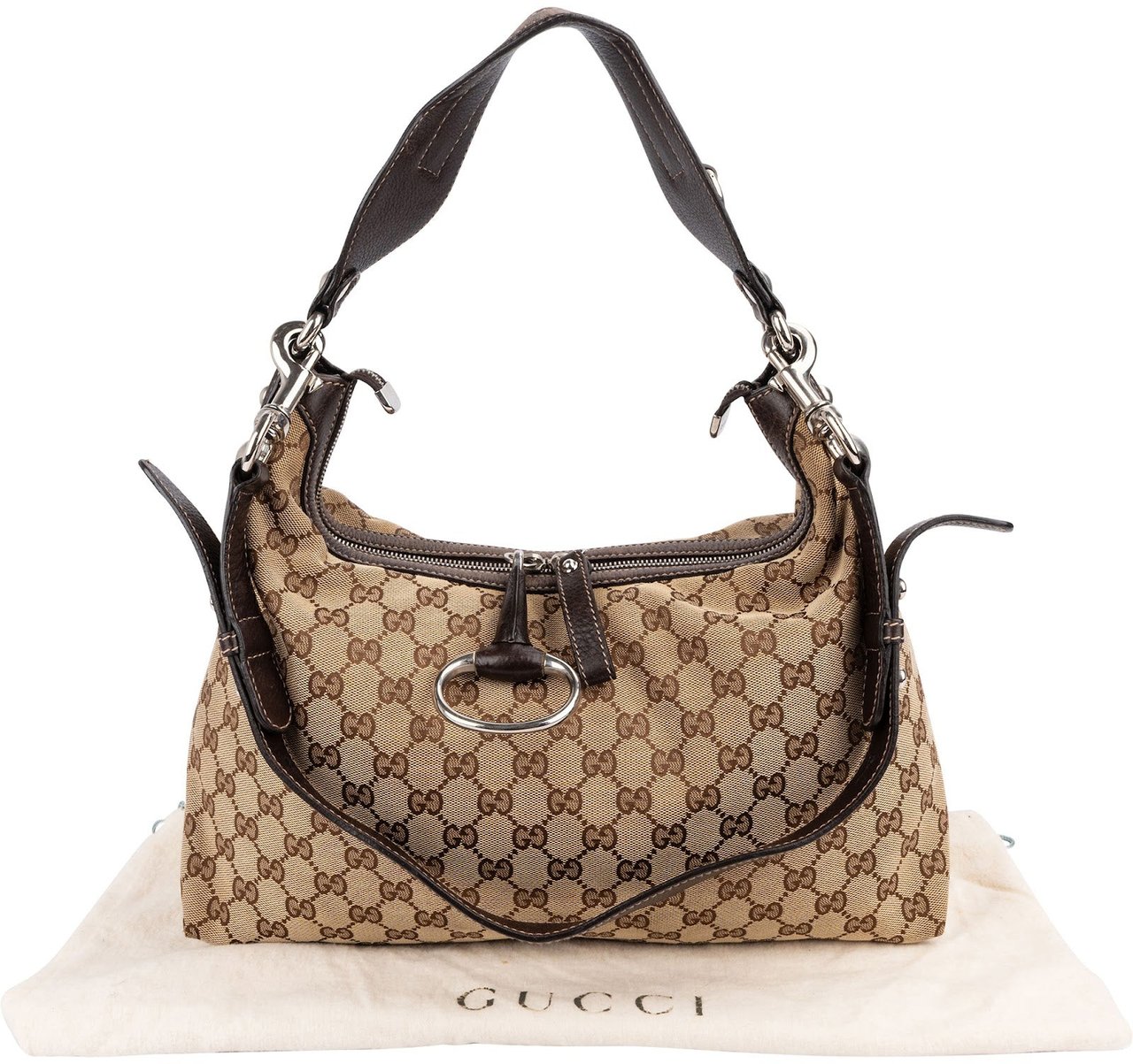 Gucci Monogram GG Canvas Abbey Horsebit Shoulder Bag Beige