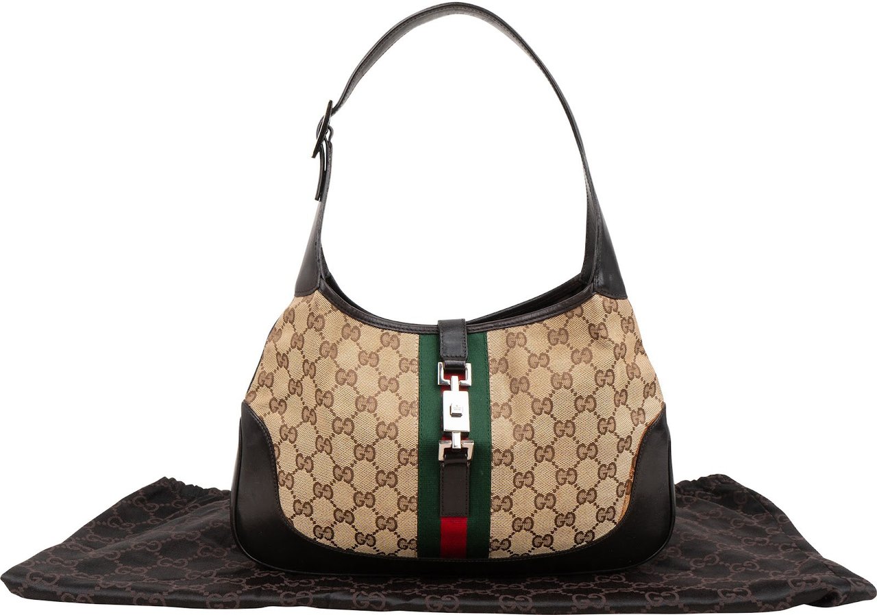 Gucci Monogram GG Canvas Jackie Web Stripe Shoulder Bag Beige
