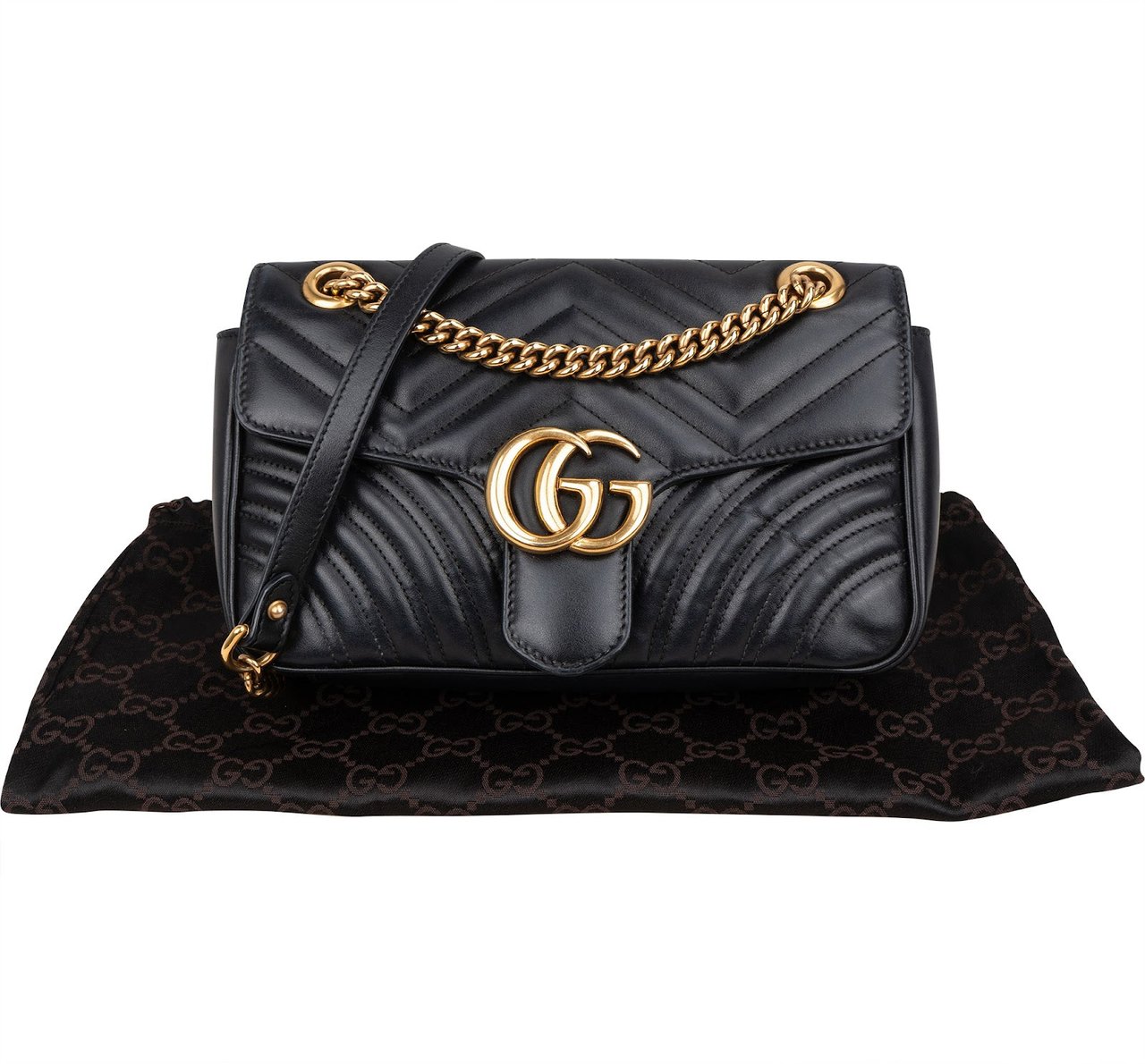 Gucci Chevron Leather GG Marmont Camera Crossbody Bag Zwart