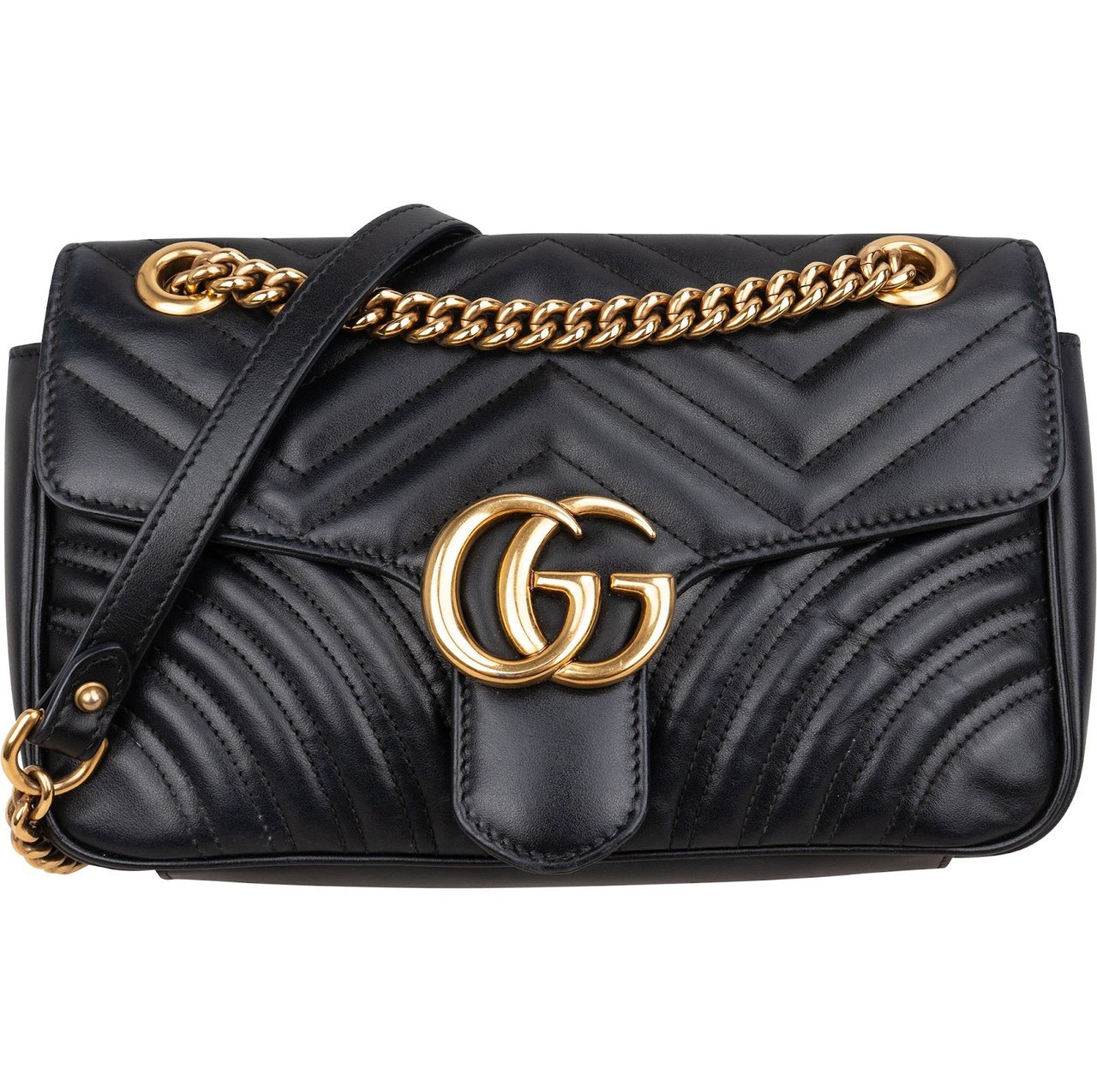 Gucci Chevron Leather GG Marmont Camera Crossbody Bag Zwart