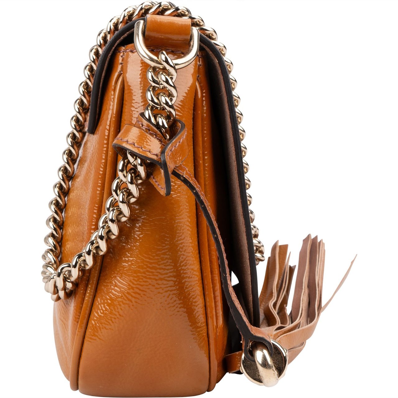 Gucci Grained Patent Leather GG Soho Chain Crossbody Bag Bruin