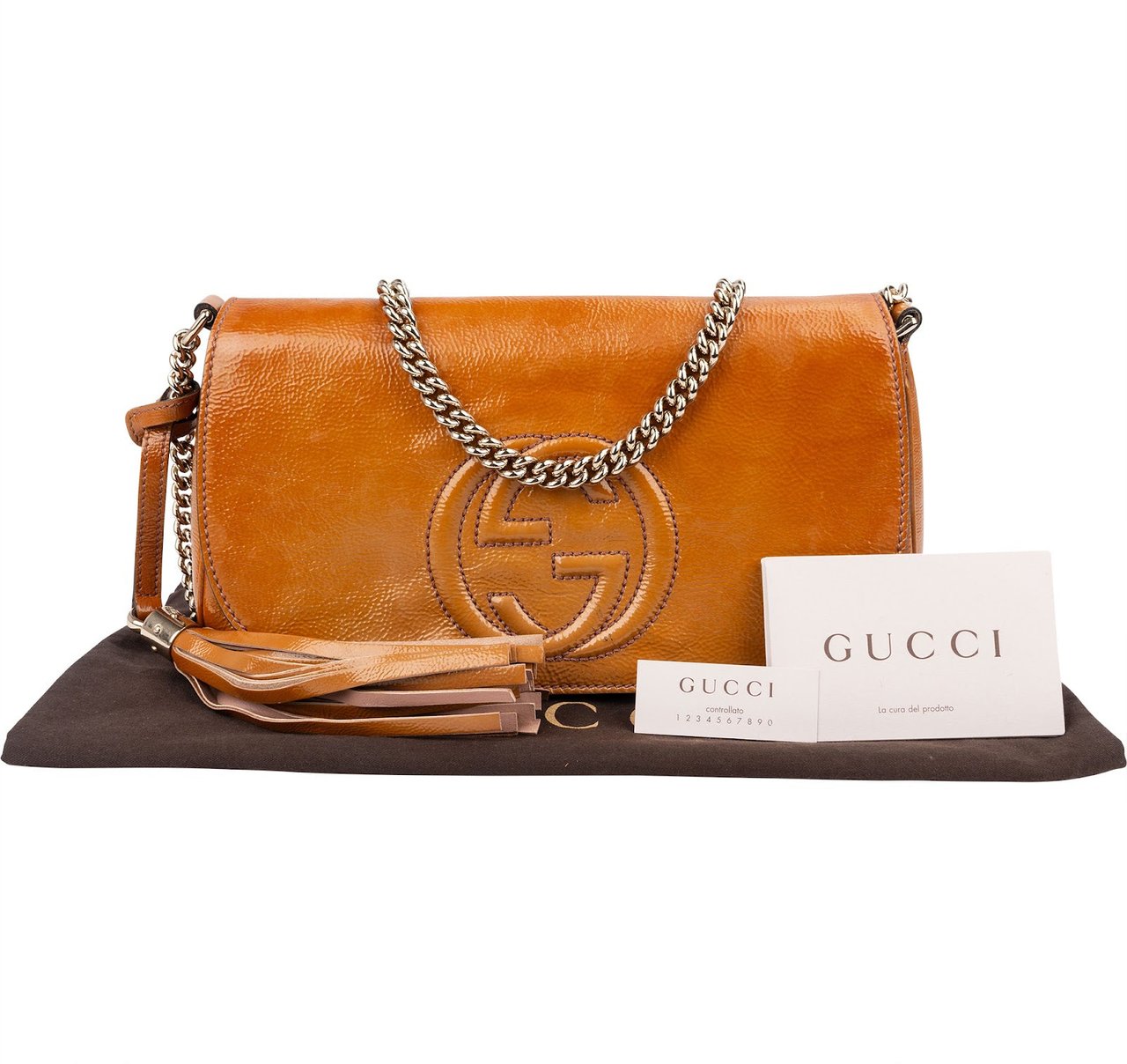 Gucci Grained Patent Leather GG Soho Chain Crossbody Bag Bruin
