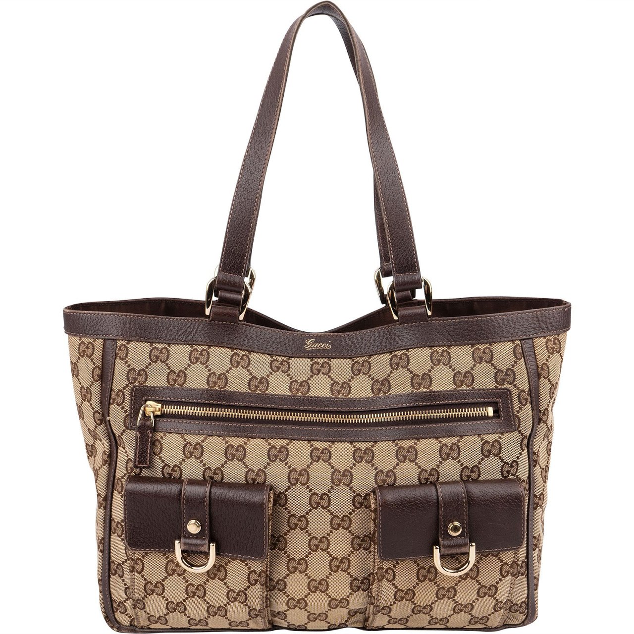 Gucci Monogram GG Abbey D-Ring Double Pocket Tote Shoulder Bag Beige