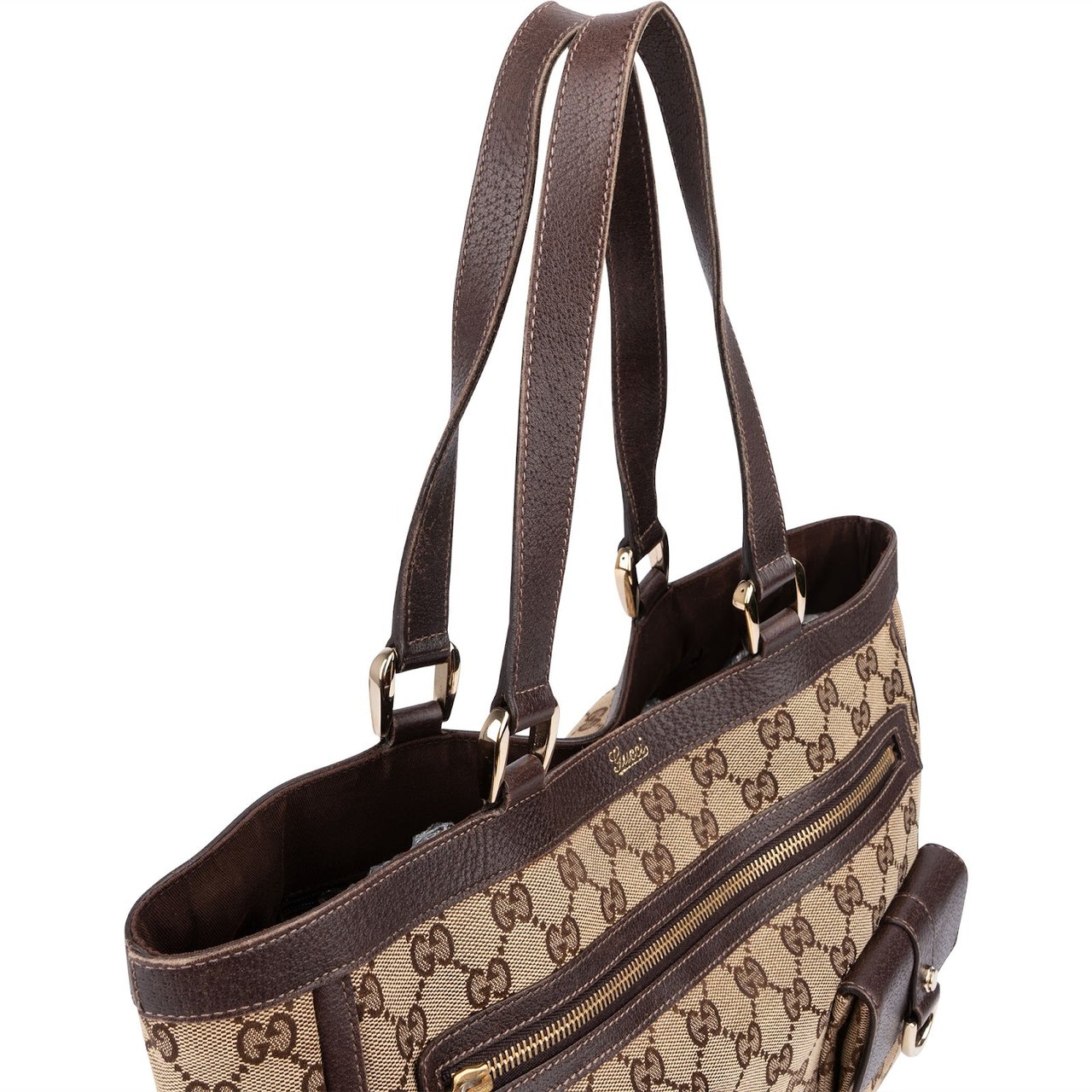Gucci Monogram GG Abbey D-Ring Double Pocket Tote Shoulder Bag Beige