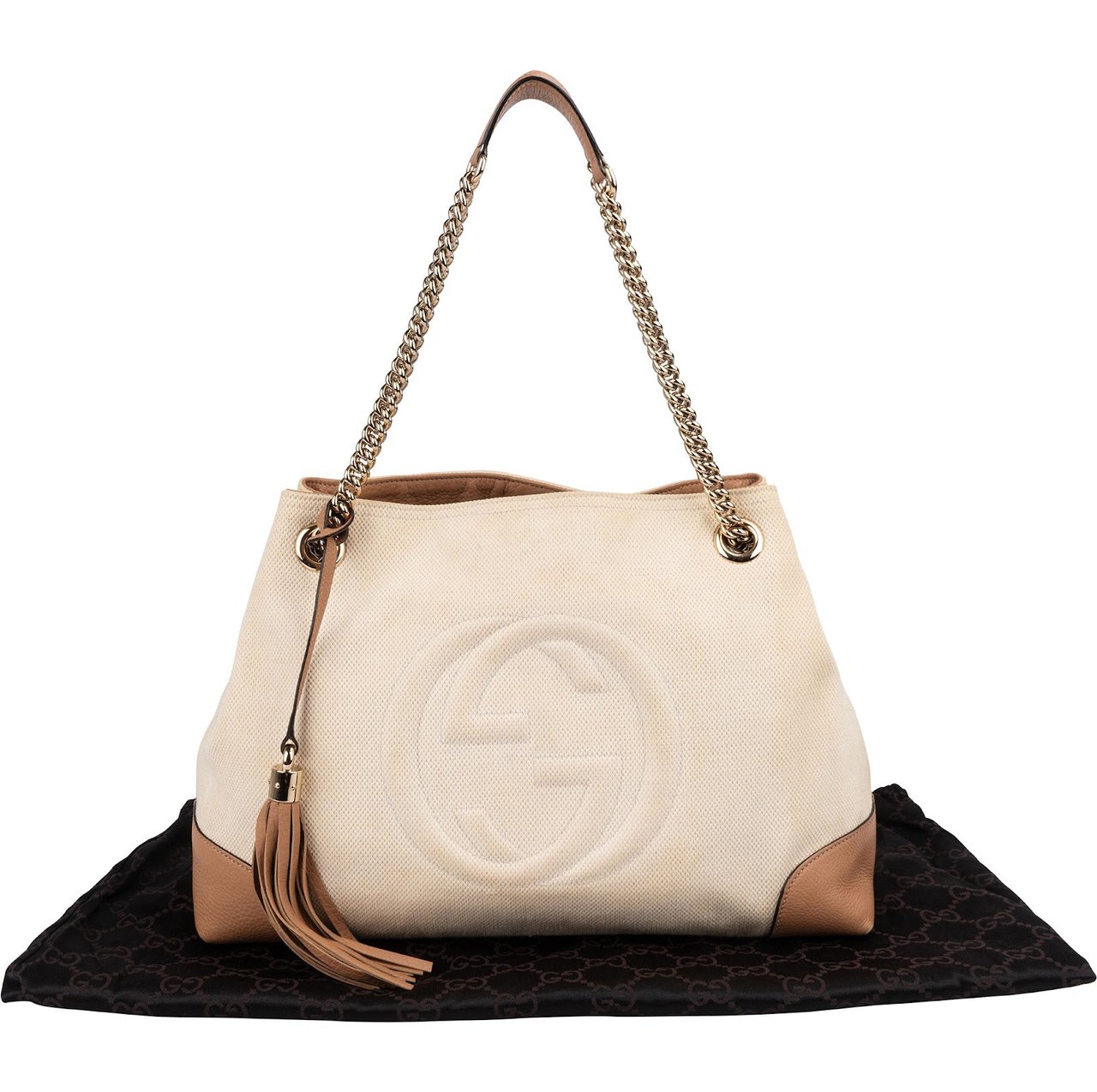 Gucci Perforated Leather Canvas GG Soho Crossbody Bag Beige