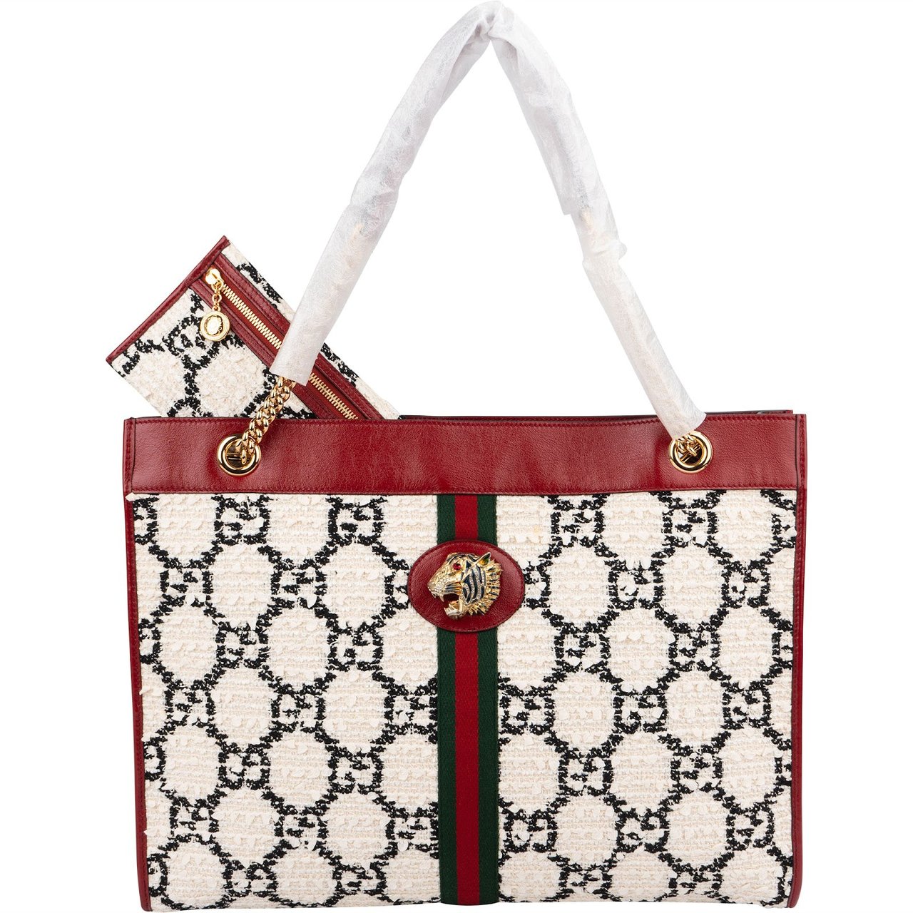 Gucci Monogram GG Tweed Web Stripe Rajah Tote Shoulder Bag Wit
