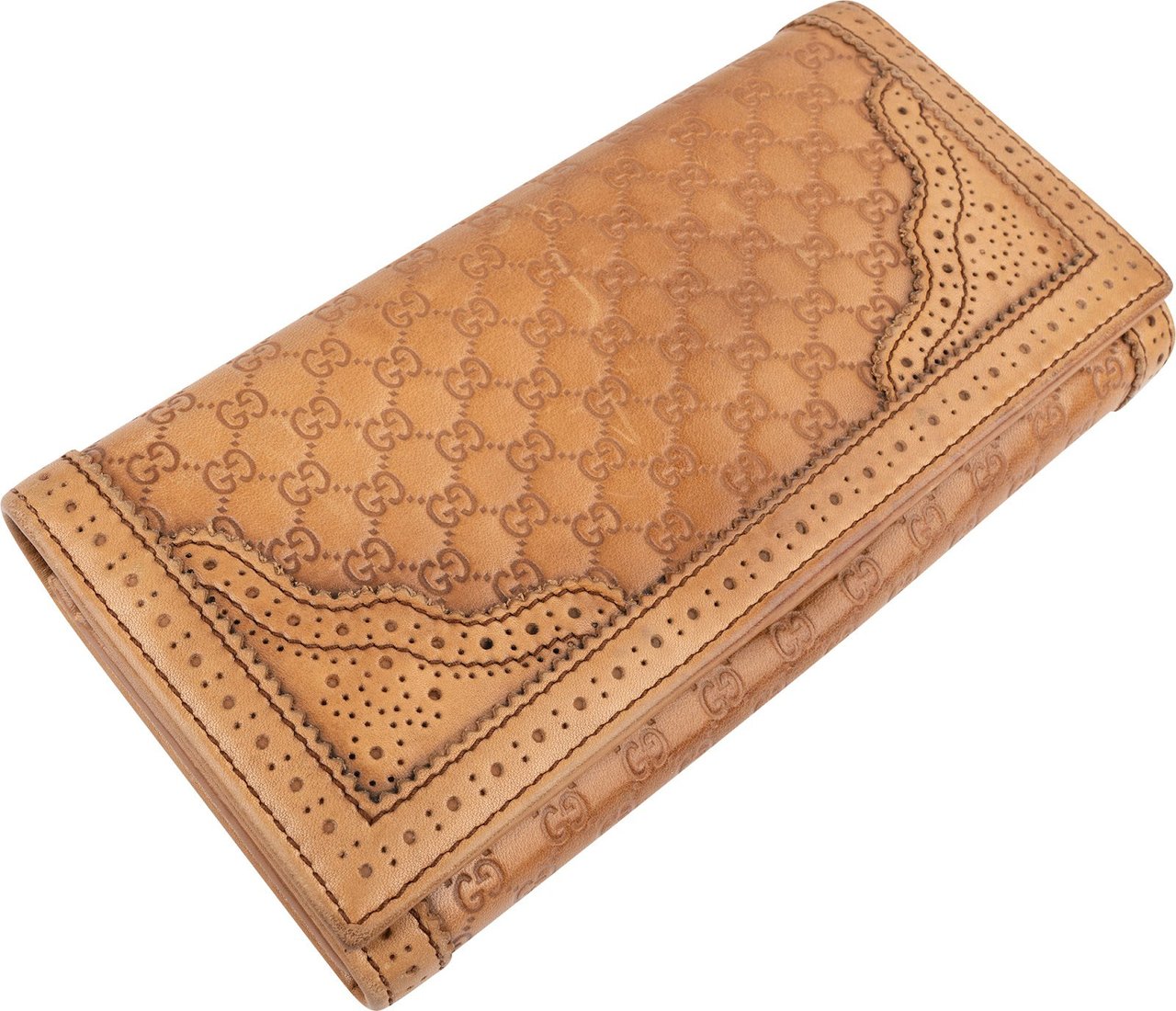 Gucci Guccissima Leather Brogue Perforated Continental Wallet Bruin