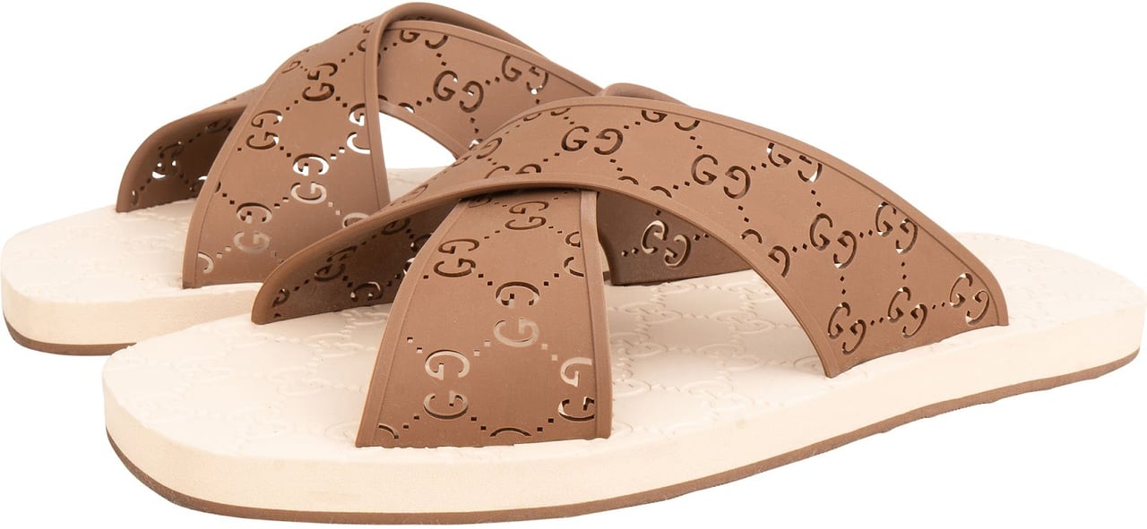 Gucci Multicolor Haselnut Crossed GG Rubber Slide Sandals (44) Bruin