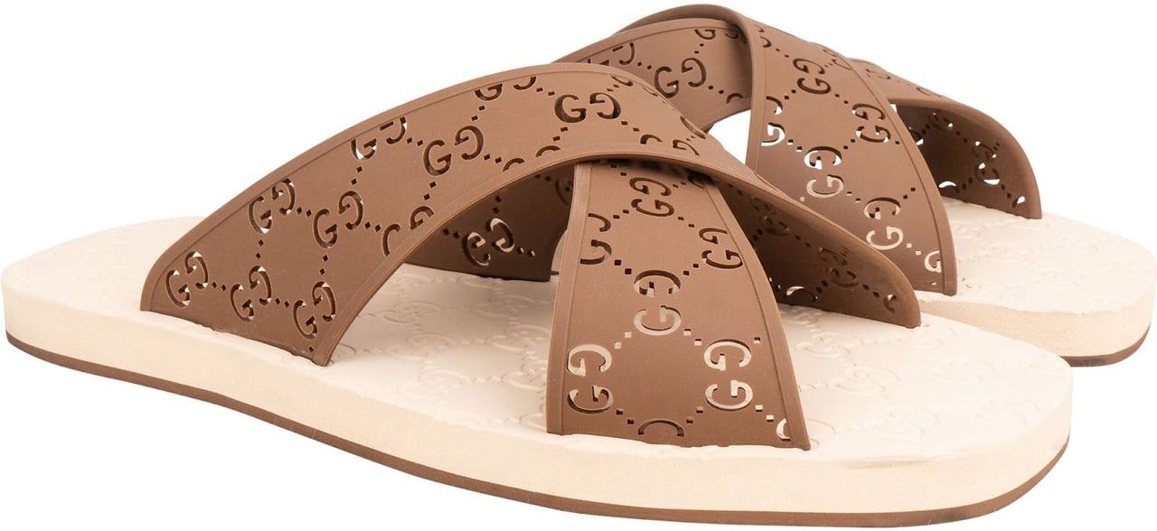 Gucci Multicolor Haselnut Crossed GG Rubber Slide Sandals (44) Bruin