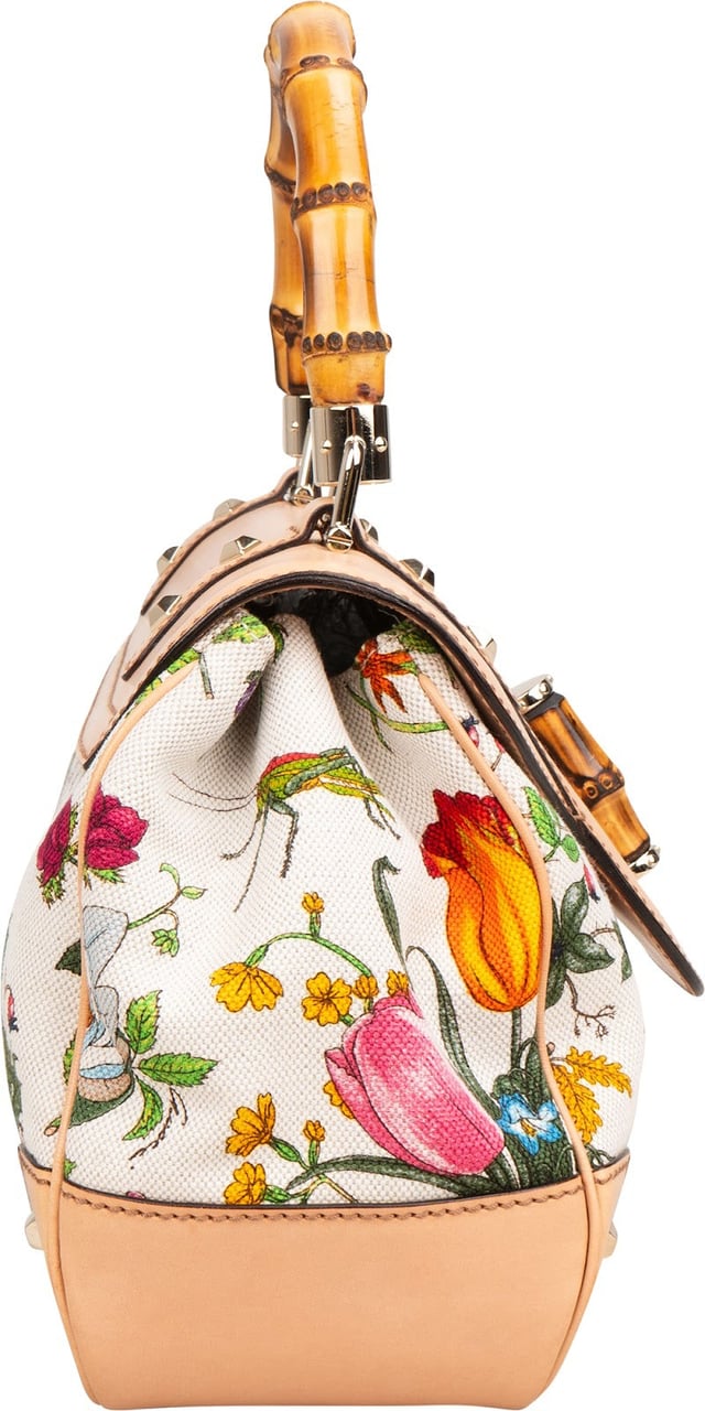 Gucci Rose Leather Flora Print Canvas Bamboo Top Handle Handbag Beige