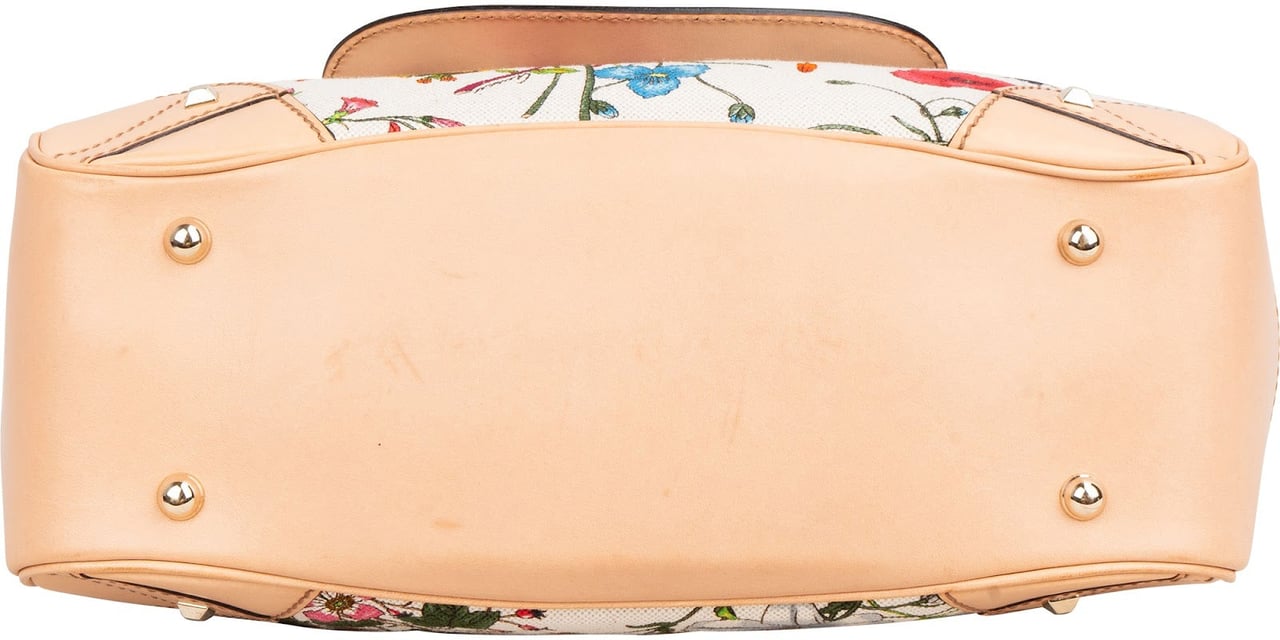Gucci Rose Leather Flora Print Canvas Bamboo Top Handle Handbag Beige