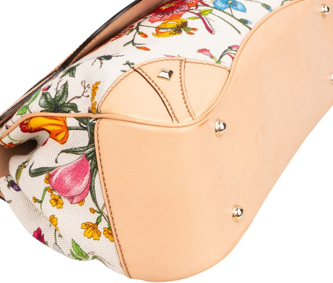 Gucci Rose Leather Flora Print Canvas Bamboo Top Handle Handbag Beige