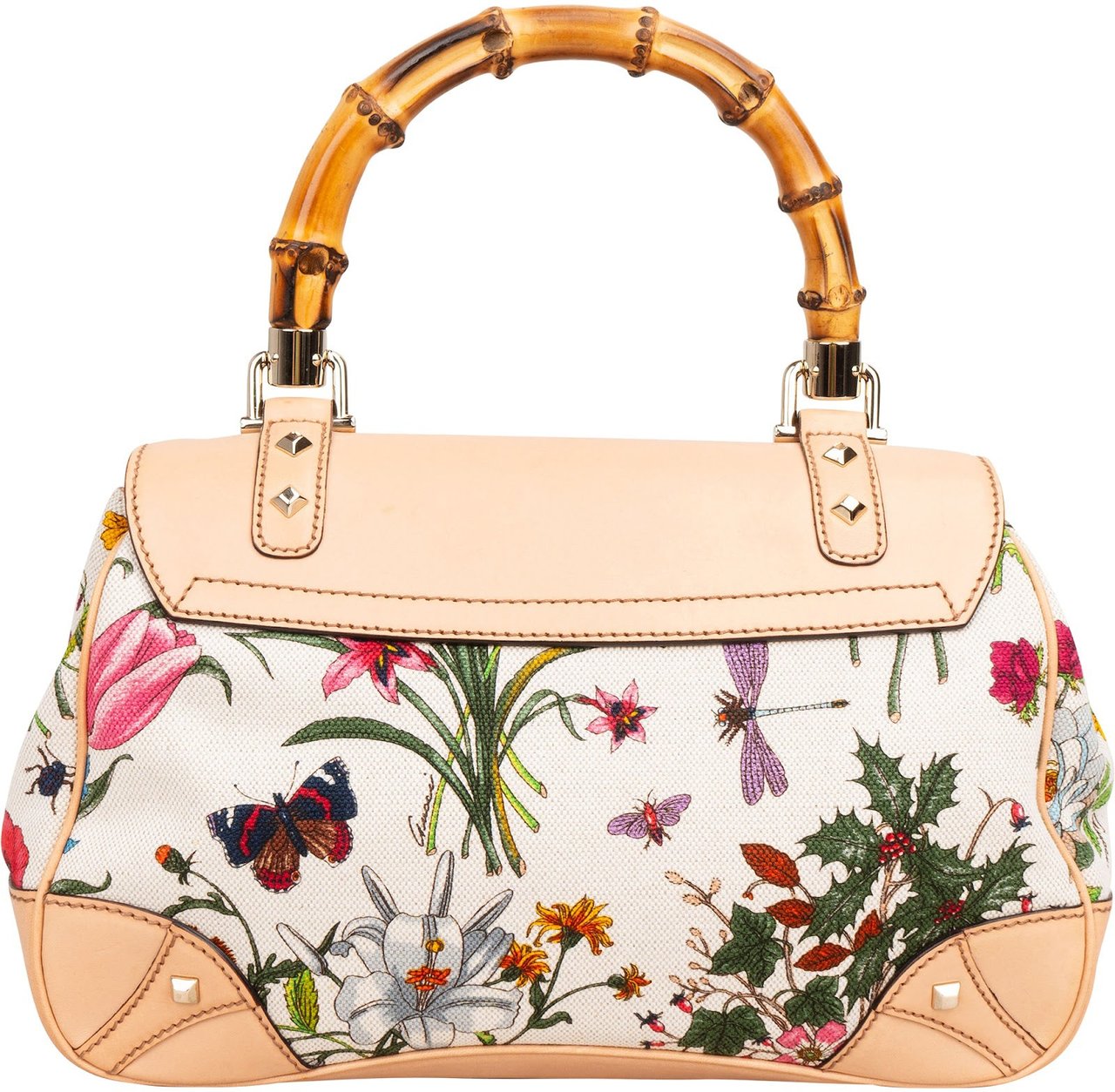 Gucci Rose Leather Flora Print Canvas Bamboo Top Handle Handbag Beige