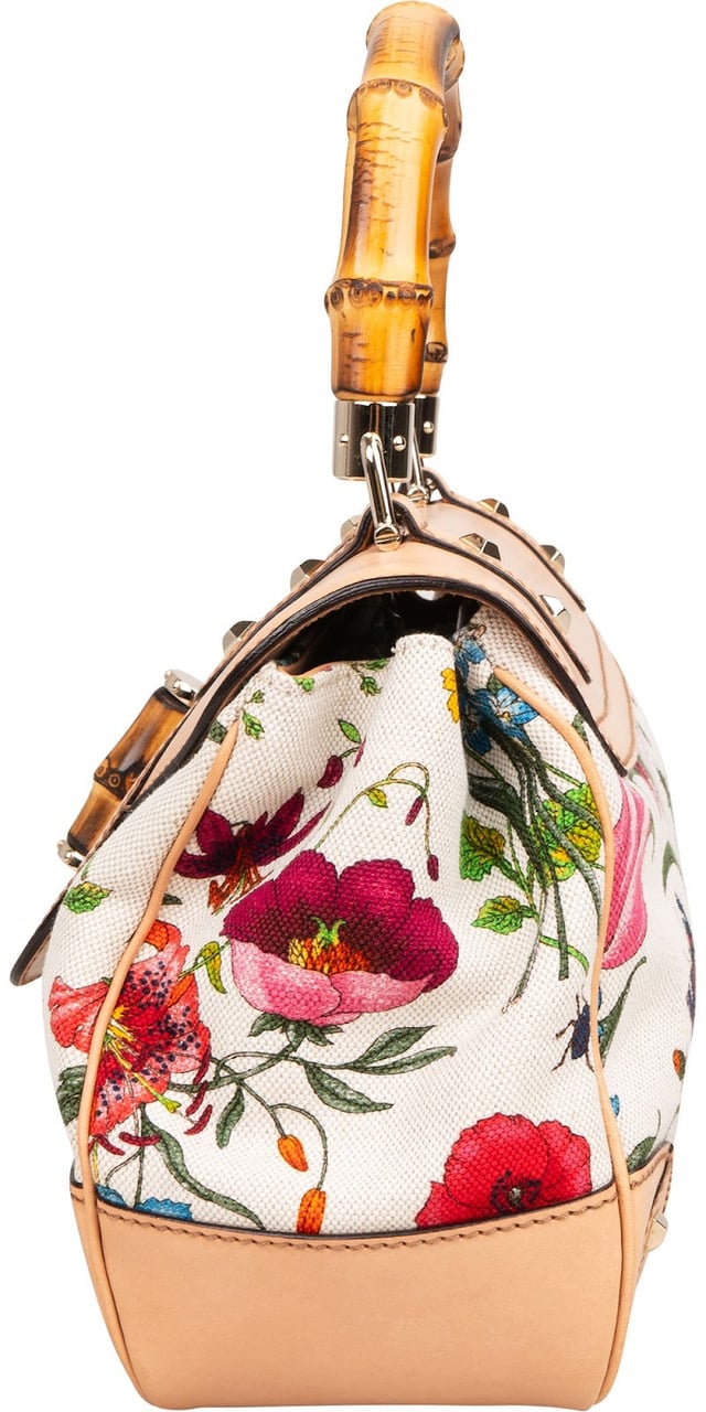 Gucci Rose Leather Flora Print Canvas Bamboo Top Handle Handbag Beige