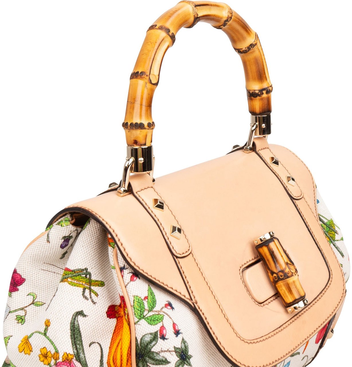 Gucci Rose Leather Flora Print Canvas Bamboo Top Handle Handbag Beige