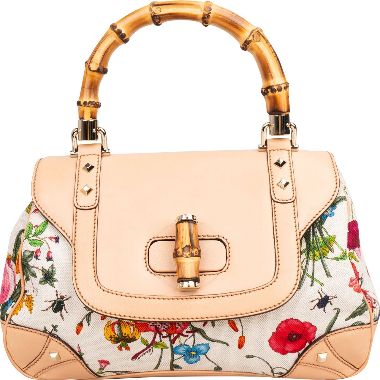 Gucci Rose Leather Flora Print Canvas Bamboo Top Handle Handbag Beige