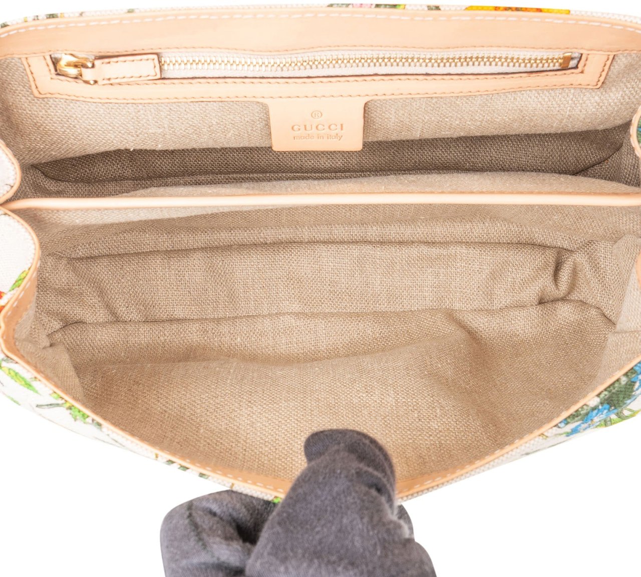 Gucci Rose Leather Flora Print Canvas Bamboo Top Handle Handbag Beige