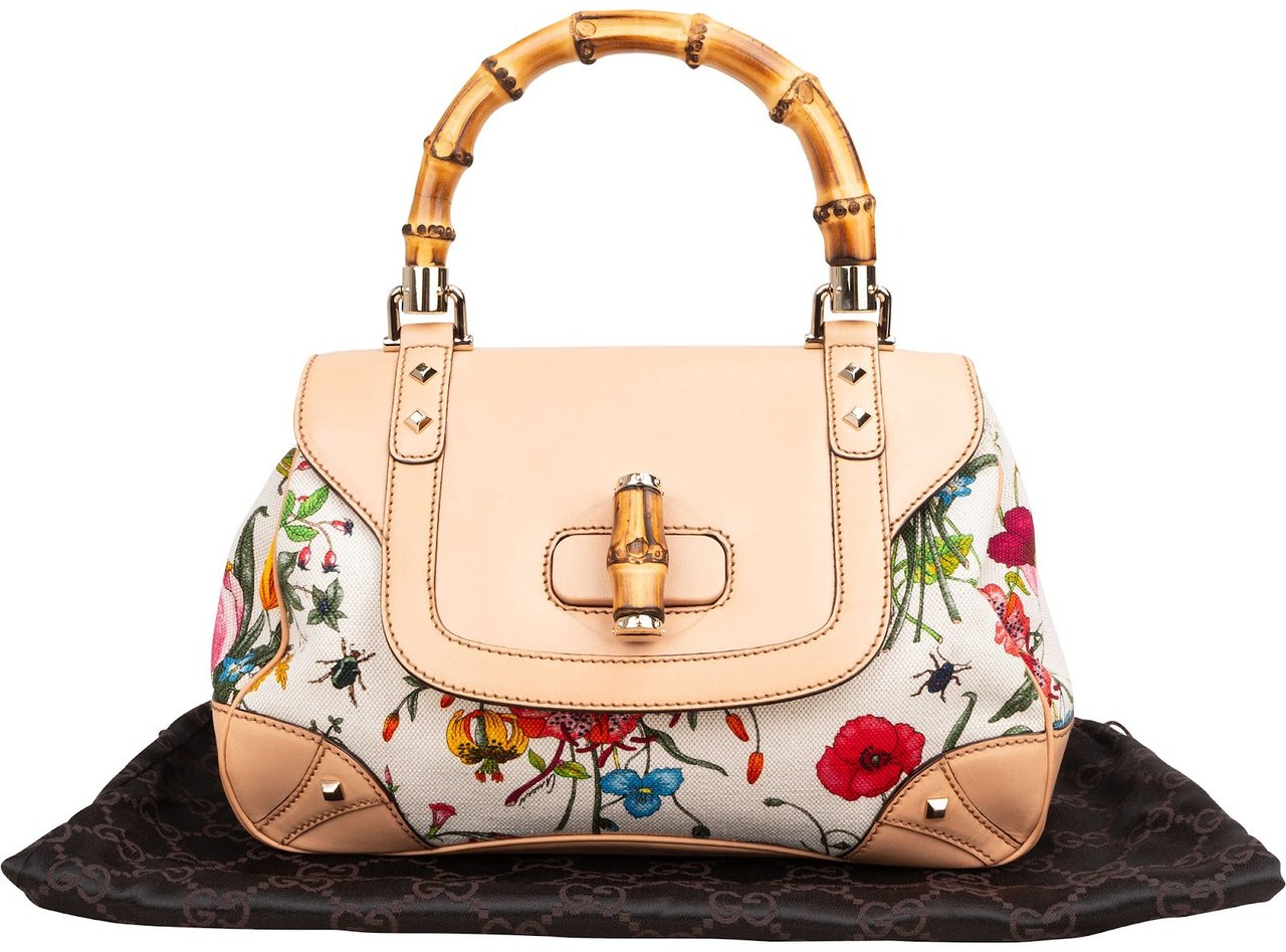 Gucci Rose Leather Flora Print Canvas Bamboo Top Handle Handbag Beige