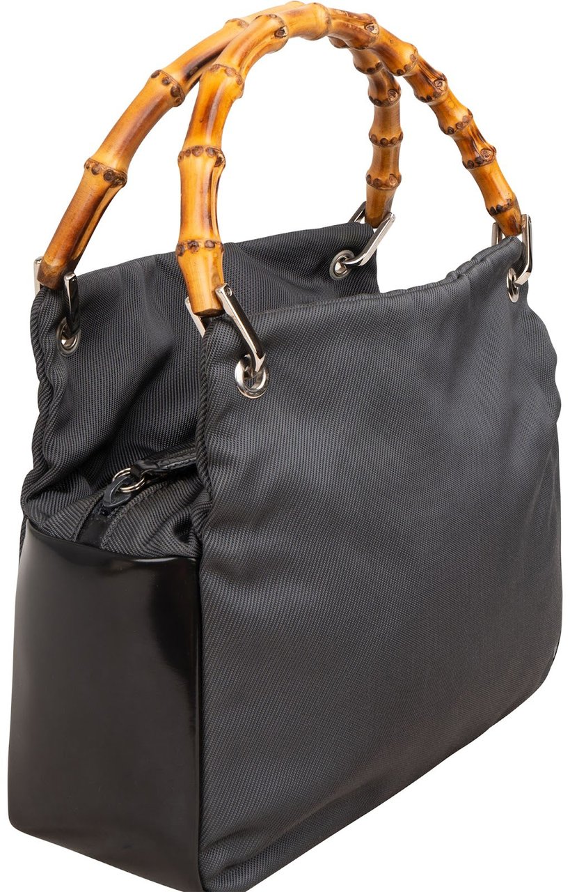 Gucci Black Leather Nylon Bamboo Top Handle Handbag Zwart