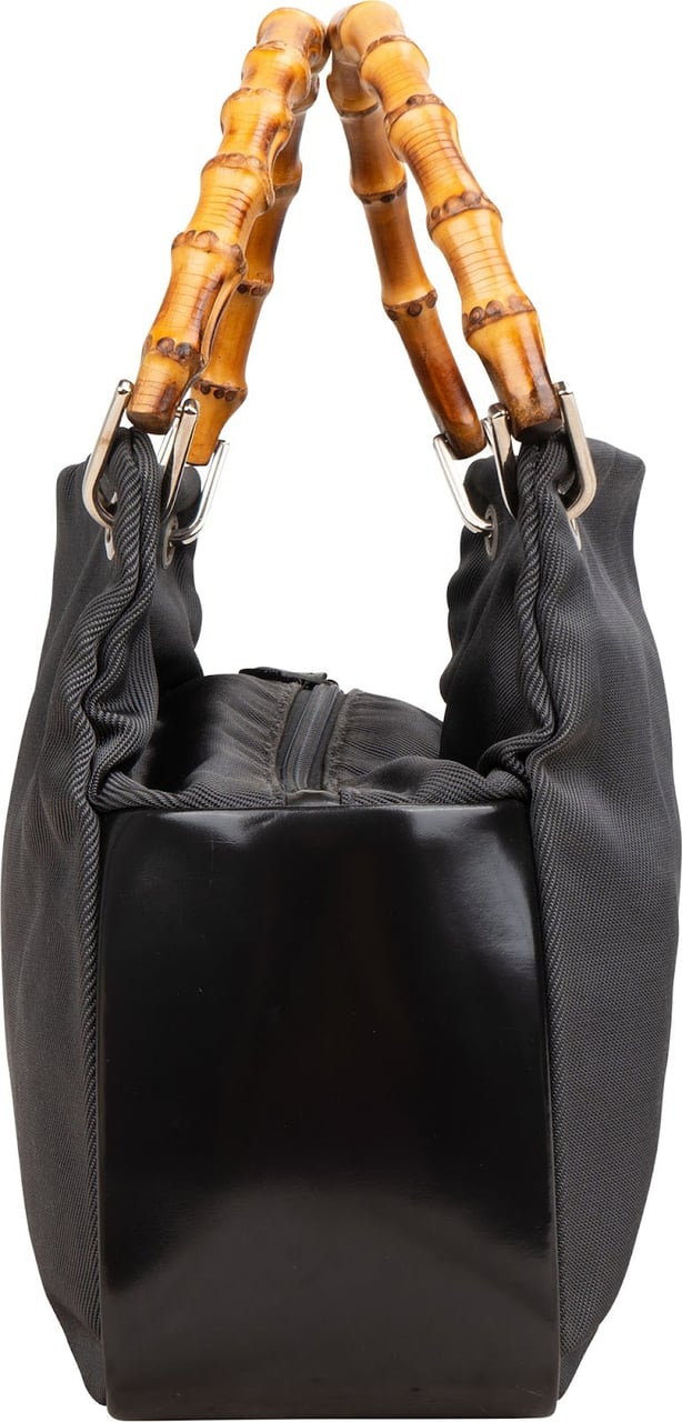 Gucci Black Leather Nylon Bamboo Top Handle Handbag Zwart