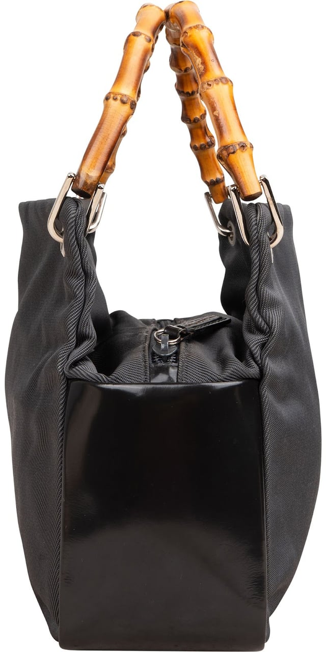 Gucci Black Leather Nylon Bamboo Top Handle Handbag Zwart