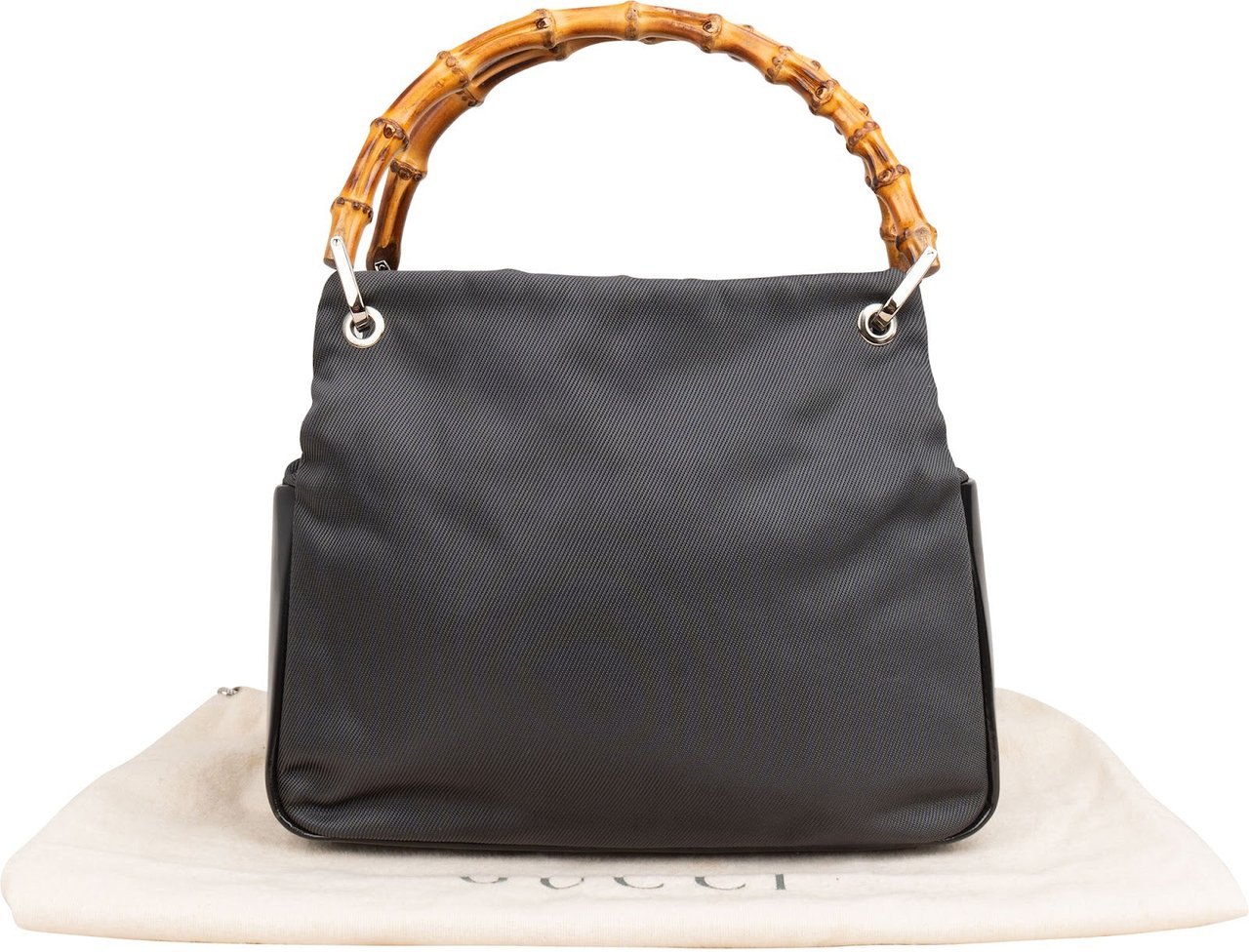 Gucci Black Leather Nylon Bamboo Top Handle Handbag Zwart