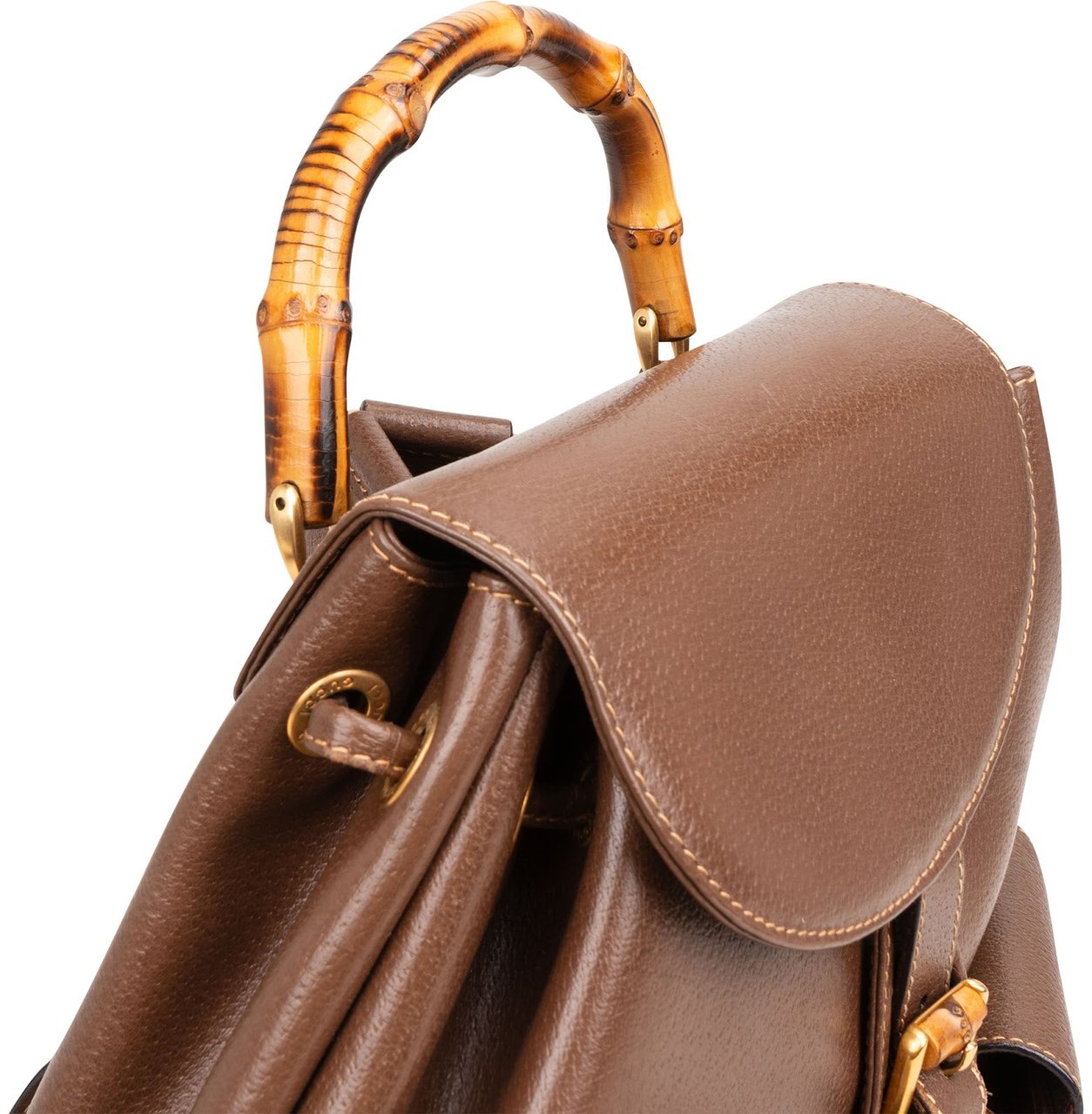 Gucci Brown Pebbled Leather Bamboo Drawstring Backpack Bruin