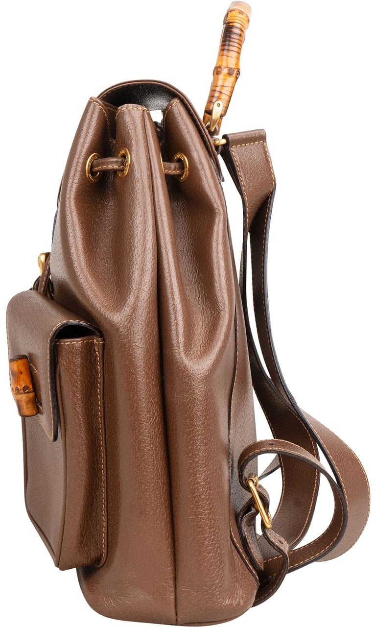 Gucci Brown Pebbled Leather Bamboo Drawstring Backpack Bruin