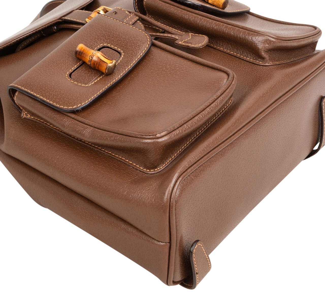 Gucci Brown Pebbled Leather Bamboo Drawstring Backpack Bruin