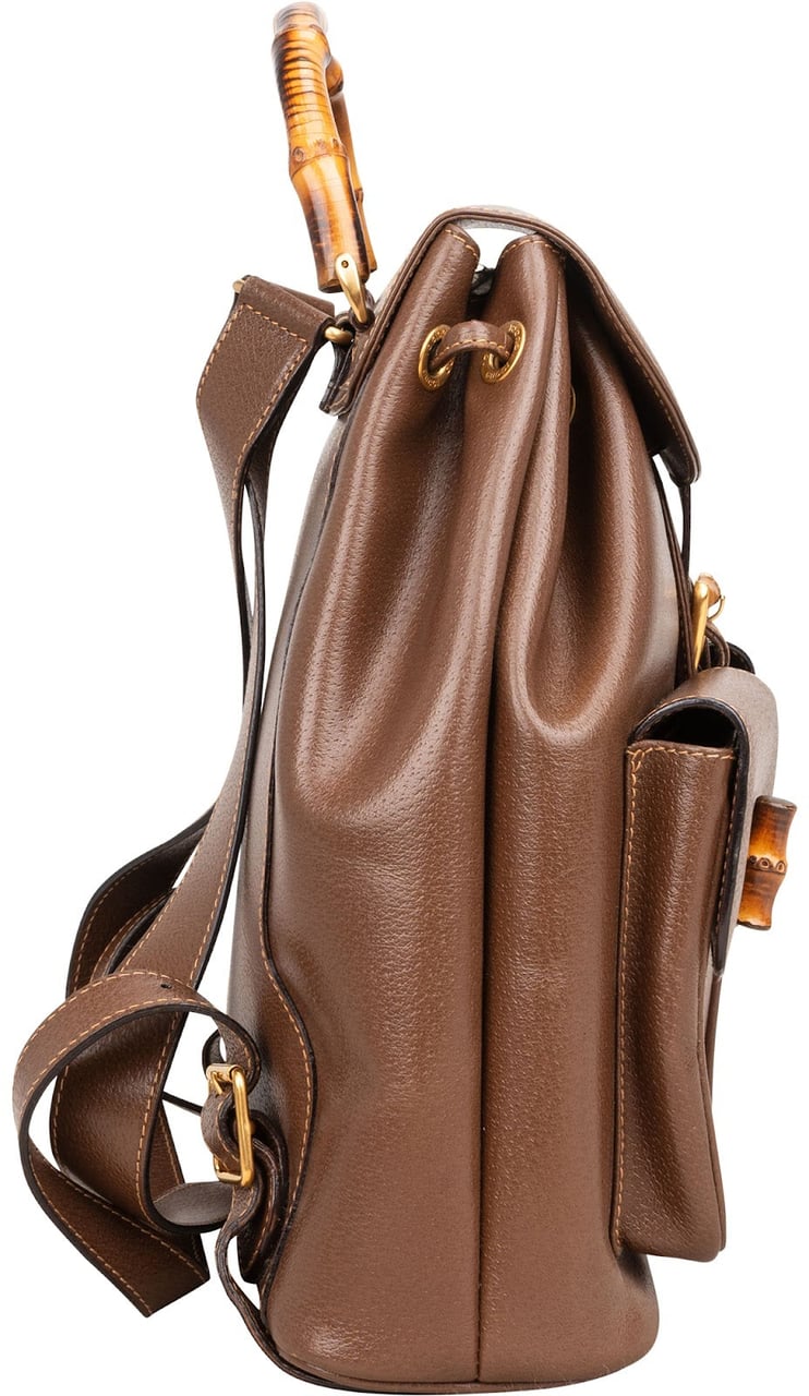Gucci Brown Pebbled Leather Bamboo Drawstring Backpack Bruin